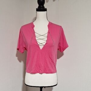 Rue21 Pink Deep V-Neck Plunge Diamond Rhinestone Accent Closure Crop Tee XS